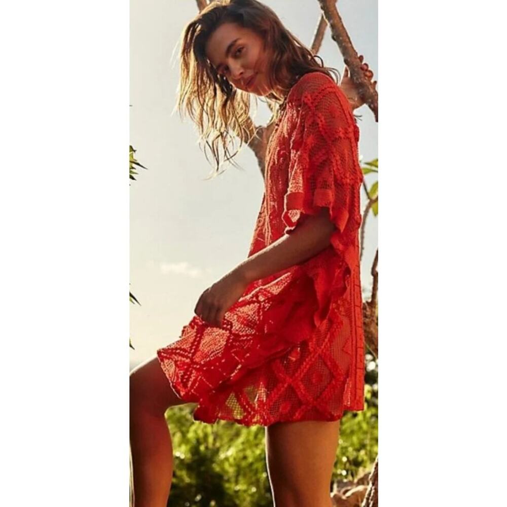 Free People SUNSHINE Crochet Kaftan Coverup in Red Sheer Lace One Size NWOT $98
